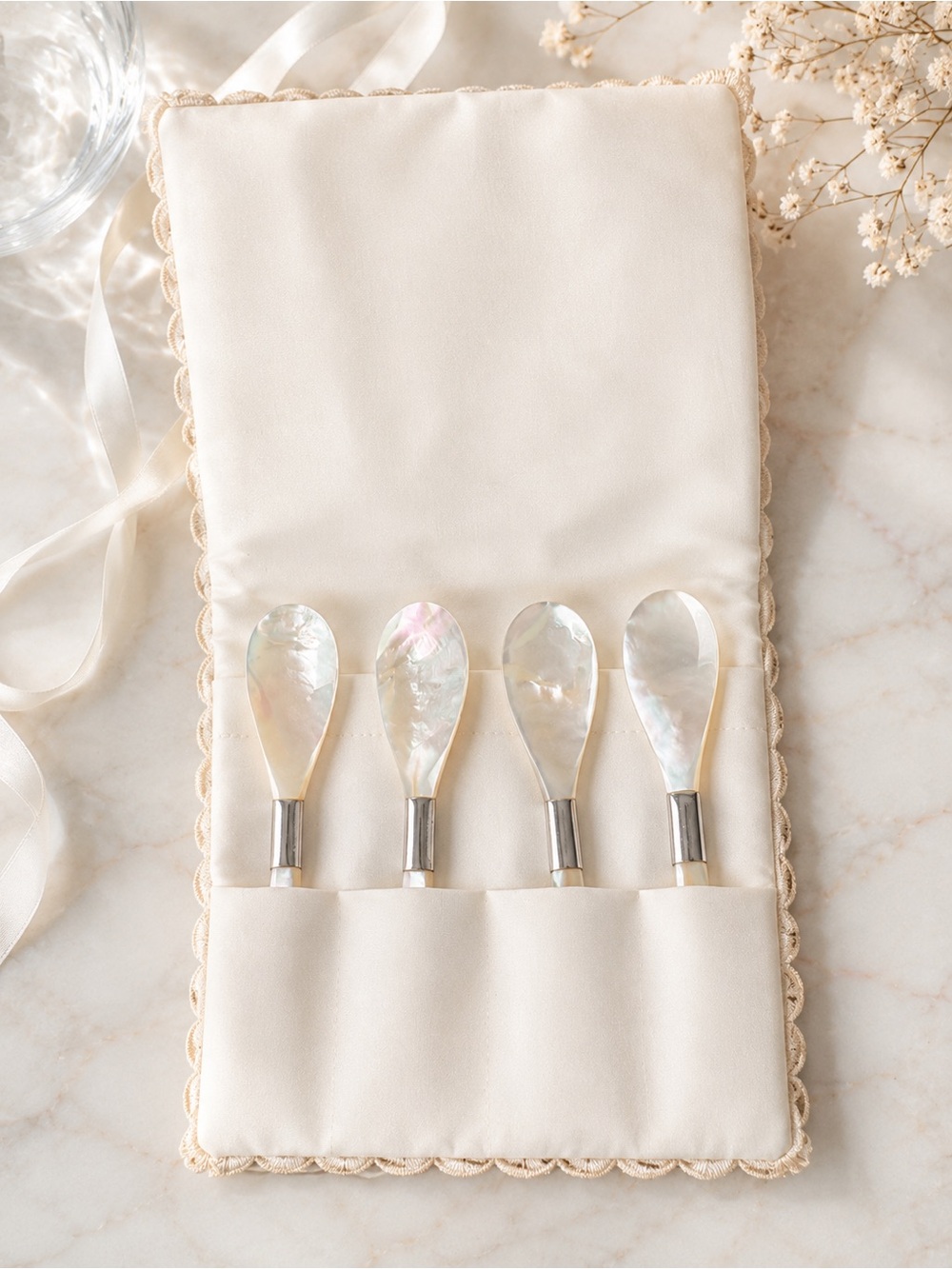 ✨ Vintage Luxury Mother-of-Pearl Caviar Spoon Set| Set of 4 |Satin Storage Pouch